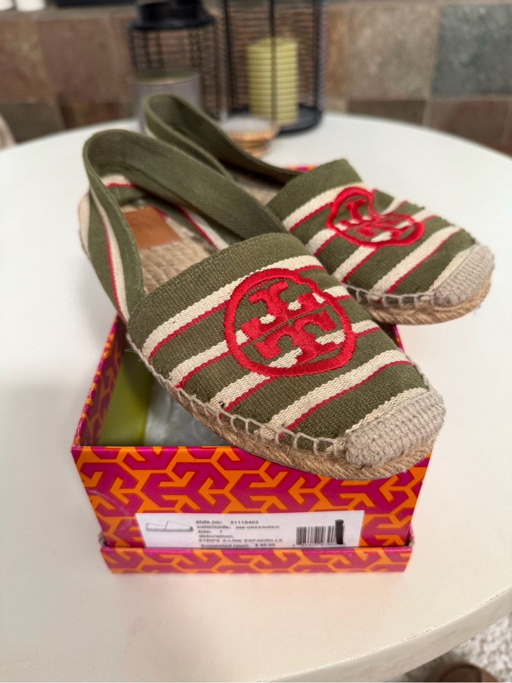 Tory Burch Olive & Red Striped Espadrille Slingback Flats